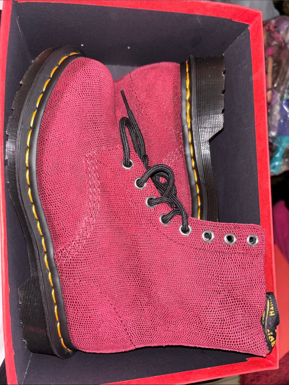 Dr. Martens Burgundy Lace-Up Combat Boots with Yellow Stitching